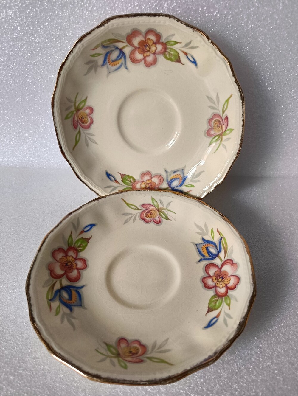 Alfred Meakin England Set of 2 Cream Floral Saucer with Pink & Blue Blooms